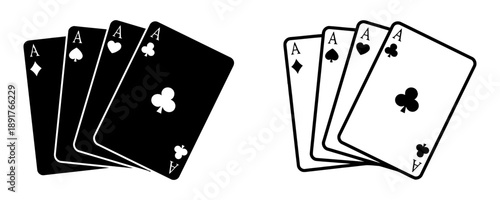 Four aces of playing cards in different suits, fanned out for poker game, one set in black and white outline, another in solid black silhouette