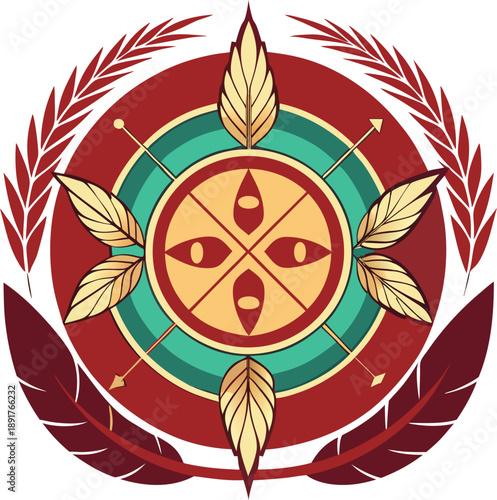 Traditional ethnic tribal emblem vector illustration with feathers and geometric patterns for indigenous culture concept