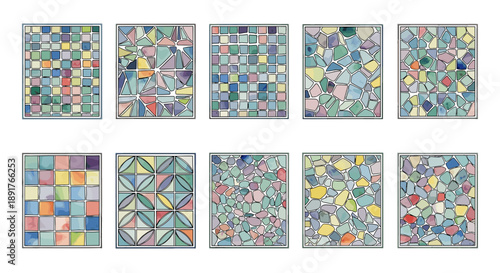 Collection of colorful stained glass window panels with geometric designs