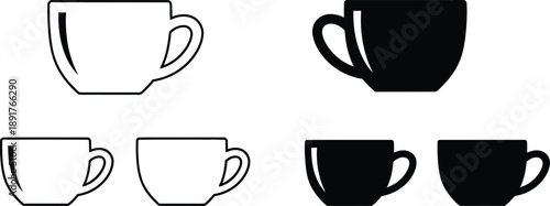 Coffee Cup Set, Line and Solid, Glyph Icon Design, Isolated Illustration