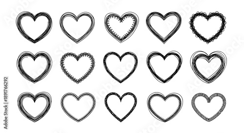 Collection of handdrawn heart icons with varied styles and outlines