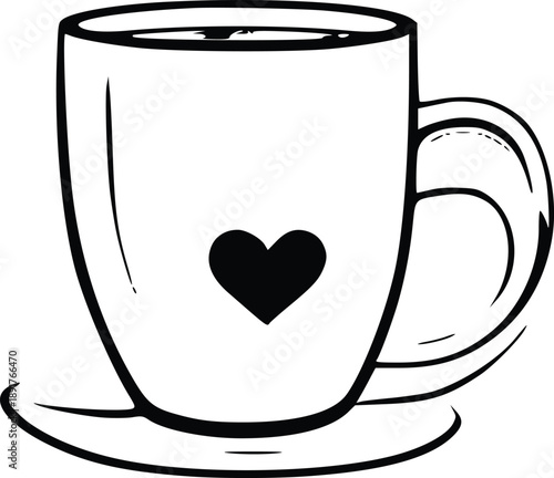 Minimalist coffee cup illustration with small heart, hand-drawn black line art mug and saucer isolated on white.