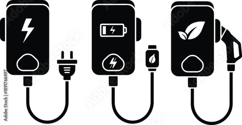 Electric vehicle charging station set with power plug vector silhouettes