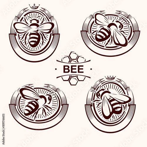 Honey and bee labels and elements set. Collection icon honey and bee. Vector