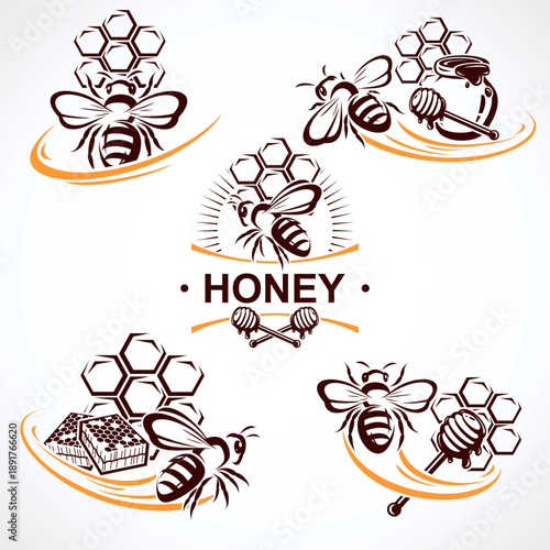 Honey and bee labels and elements set. Collection icon honey and bee. Vector