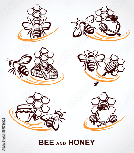 Honey and bee labels and elements set. Collection icon honey and bee. Vector