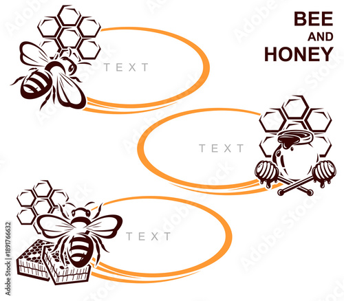 Honey and bee labels and elements set. Collection icon honey and bee. Vector