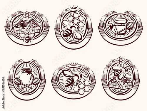 Honey and bee labels and elements set. Collection icon honey and bee. Vector