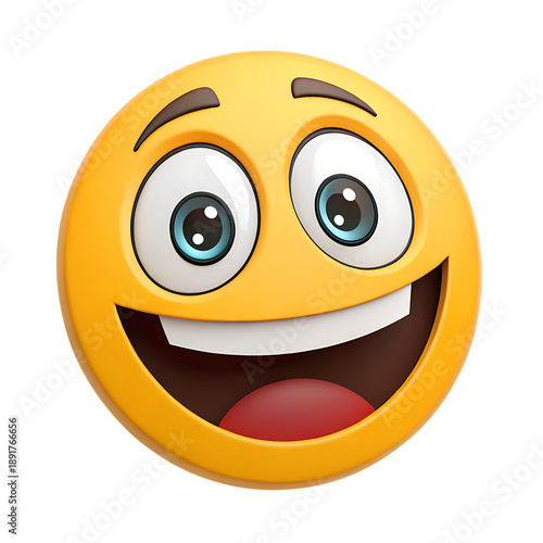 3 D excited emoji sticker with bright eyes and big smile isolated on a transparent background yellow