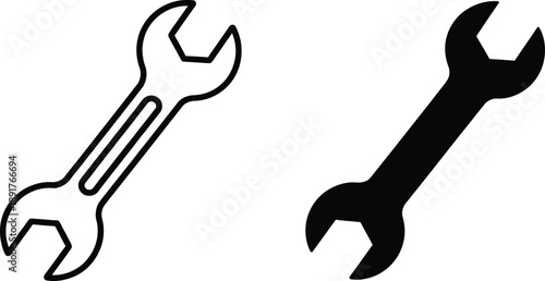 Wrench Icons Black and White, Outline and Solid, Isolated, Scalable, Editable Stroke