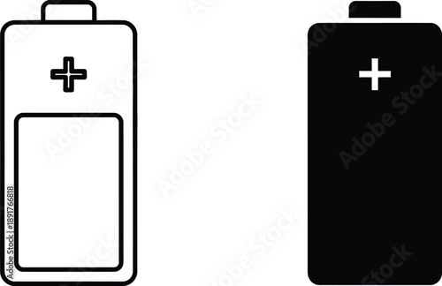 Battery Icon Set Outline and Solid Style Illustrations in Black and White Format