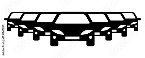 Front view car fleet silhouette illustration representing transportation logistics and automotive business industry with multiple black vehicles lined up symmetrically on clean white background space