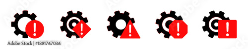 Gear with warning symbol set, cogwheel notification alert icon collection, service error or attention sign graphic, mechanical settings caution icon, information alert pictogram