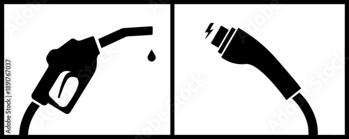 Gasoline fuel nozzle and electric car charging connector symbolizing choice between internal combustion engine and eco-friendly automobile power sources future energy