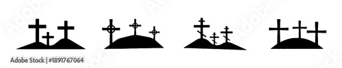 Graveyard silhouette collection on isolated white background, depicting crosses on hills, symbolizing death, mourning, and religious services, vector art.