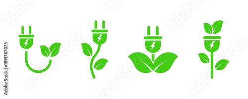 Green energy concept icons featuring electrical plugs intertwined with leaves and plants, symbolizing renewable energy, sustainability, and eco-friendly power solutions.