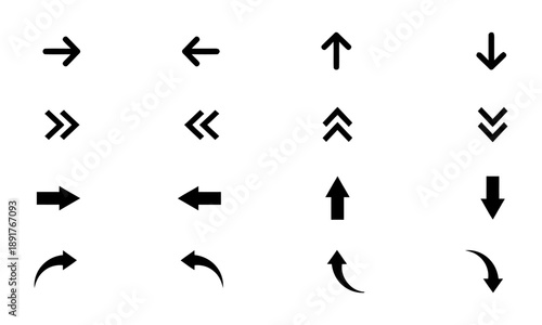Grid of sixteen diverse arrow icons in various styles including straight, double, thick, and curved, pointing left, right, up, and down for direction and navigation