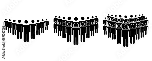 Group of diverse people standing together in formation, teamwork and community concept illustrated by silhouette figures forming a crowd in organized clusters on white background