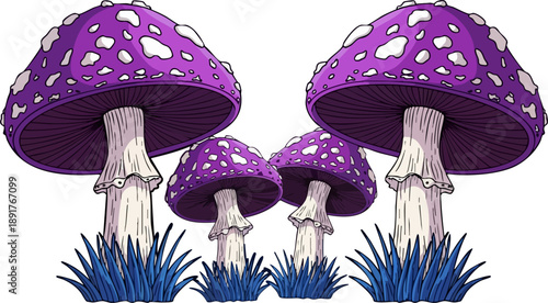 Group of four vibrant purple and white spotted mushrooms illustrated with thick black outlines standing in dark blue grass against a solid black background