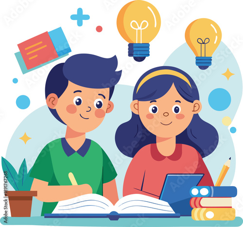 Cartoon Boy And Girl Students Studying With Lightbulb Ideas