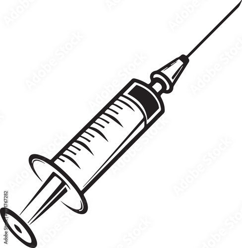 Black silhouette vector of medical syringe icon, minimalist flat healthcare design, clean outline, transparent background, professional stock illustration