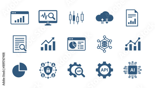 Set of 15 blue data and technology icons, including graphs, charts, computer screens, cloud storage, API gears, and AI chip, conveying a tech-oriented theme.