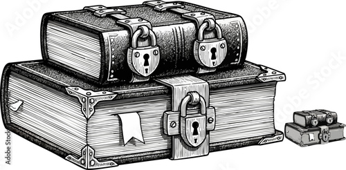 Stack of heavy antique leather-bound books secured tightly with intricate metal padlocks suggesting secrets or forbidden knowledge awaiting discovery.