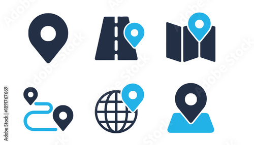 Icons depict navigation themes: a pin, road with pin, map with pin, path with pins, globe with pin, and a pin on a base. Blue and dark colors.