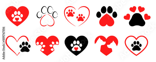 Heart and paw print icons, symbolizing love for pets, animal care, and the bond between humans and animals, featuring different styles and color combinations for diverse design needs.