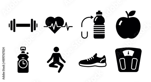 Health and fitness icons set, collection of exercise, wellness, and healthy lifestyle symbols, dumbbells, heartbeat, water bottle, apple, running shoe, scales, meditation figure, active living.