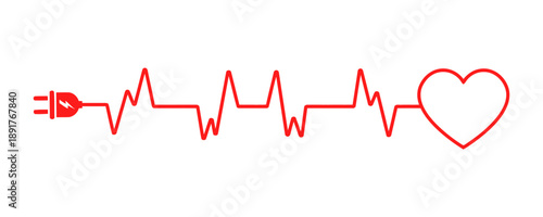 Heartbeat line with electric plug and heart symbol, symbolizing electrical energy and health, isolated on white background, digital representation of vital signs.