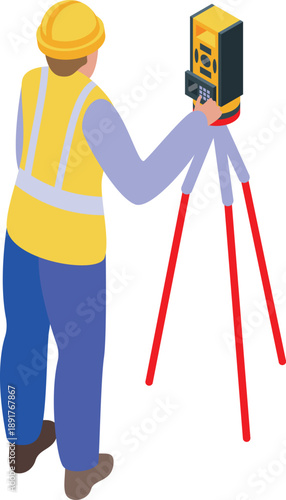 Surveyor using theodolite on a tripod, taking measurements for construction or land surveying, ensuring accurate data for building projects