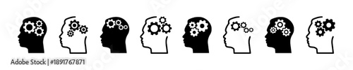 Human head profile with gears inside, representing intellect, thinking, ideas, and mental processes in diverse styles.