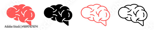 Human brain icons set in solid and outline styles with coral red and black variations representing intelligence mental health neurology psychology science education creative thinking memory power