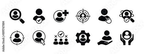 Human resources and user profile icons, person search, selection, target audience, team management, recruitment and candidate assessment concepts.
