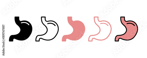 Human stomach anatomy icons set, organ illustration in different styles and colors, representing digestion and healthcare medical services