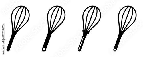 Kitchen whisk icons in various styles for cooking, baking, and food preparation, essential tools for culinary tasks