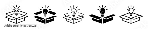 Light bulb ideas in open box concept, innovation and creativity vector icons, think outside box symbol, bright inspiration and discovery elements, originality metaphor.