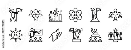 Leadership and success icons vector graphic depicting teamwork strategy and goal achievement with flags charts and people symbols for corporate growth management and motivation