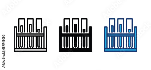 Laboratory test tube rack icon set with different fluid levels in outline filled and colored styles for chemistry science projects research medical diagnostics healthcare and biotechnology concepts