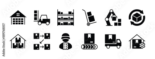 Logistics and supply chain icons illustrating warehouse operations, transportation, and inventory management for industrial and business processes