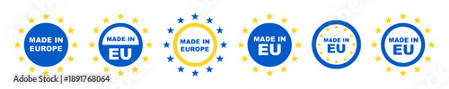 Made in Europe and EU logos with European stars in blue and yellow circles representing origin and manufacturing for European Union products quality certification