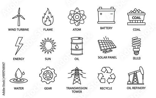 Grid of icons representing energy sources. Top row: wind turbine, flame, atom, battery, coal. Middle row: energy, sun, oil, solar panel, bulb. Bottom row: water, gear, transmission tower, recycle, oil