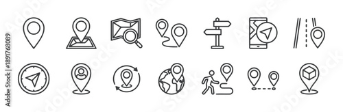 Map pin and navigation icons illustrating locations, routes, directions, and travel planning with symbols for search, world map, and mobile GPS tracking