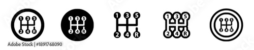 Manual gear shift lever icons in different styles and colors with numbers indicating gear positions including reverse