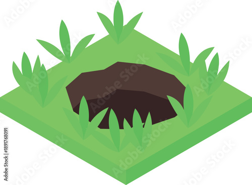 Ground pit isometric icon illustrating hole covering surrounded by grass blades