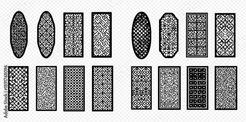 Set of decorative laser cut panels with geometric patterns, elegant screens for room dividers, privacy fences, and decorative elements.