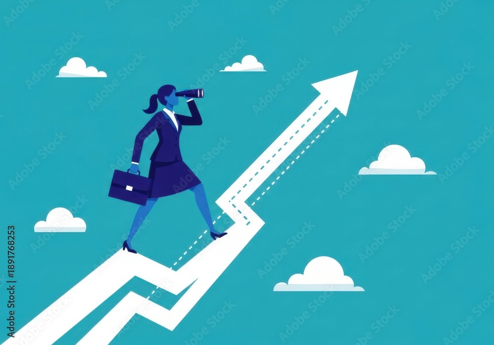 Obraz premium Businesswoman walking up arrow graph with binoculars in hand on blue background with clouds