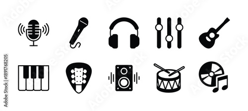 Music icons with microphone, headphones, guitar, keyboard, drum, speaker, CD, pick, audio mixing sliders
