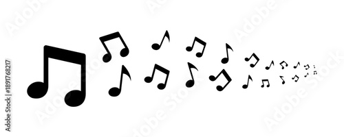 Music notes graphic evolving from a single double note to a fading stream of single eighth notes, symbolizing melody, sound, and rhythm in a creative progression